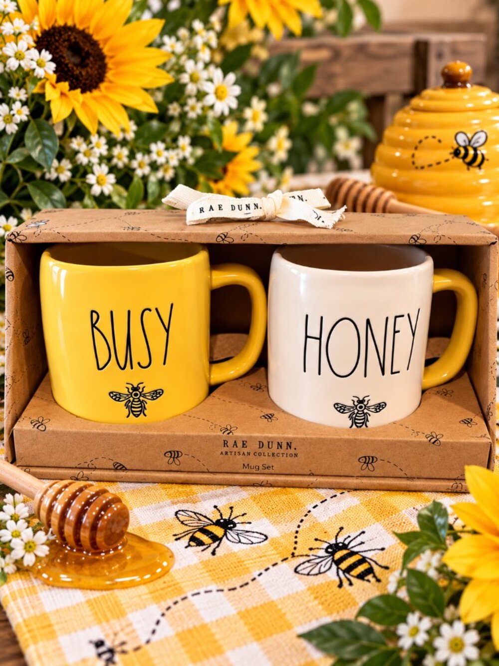 Rae Dunn Busy Honey Bee Mug Set Yellow White 2-Piece